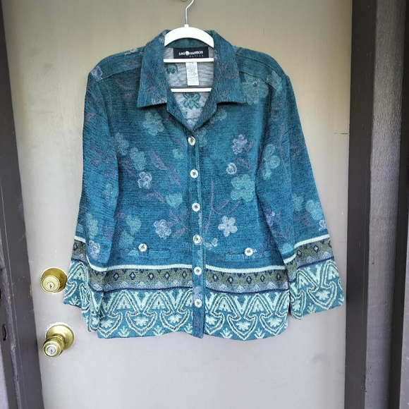 Sag Harbor Jackets & Blazers - Sag Harbor 90s Boho Bohemian Tapestry Fabric Teal Jacket Floral